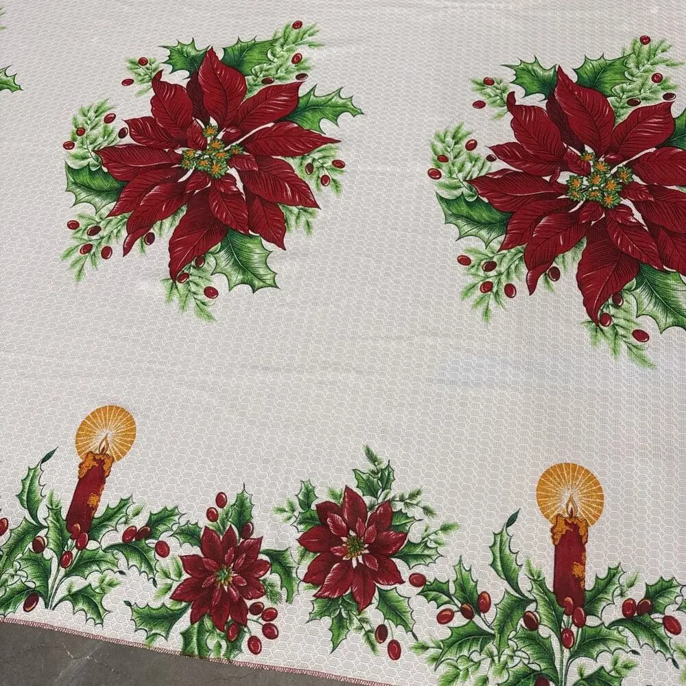 Vintage 80s Christmas Tablecloth Oval Oblong Poinsettia Candles Large